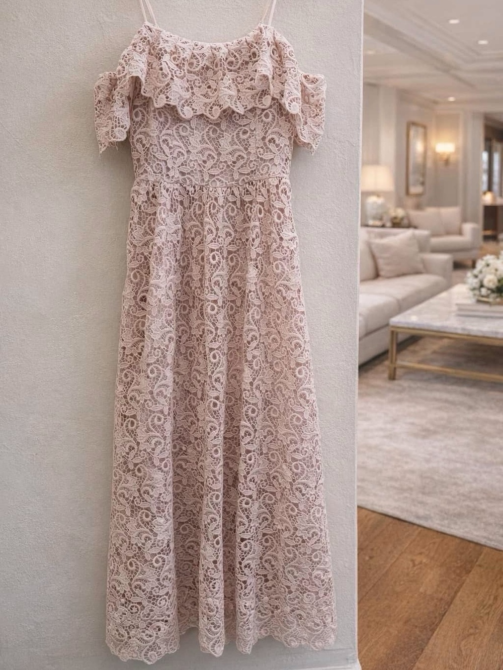 H&M Delicate Lace Crochet Lace Dress in Blush Pink